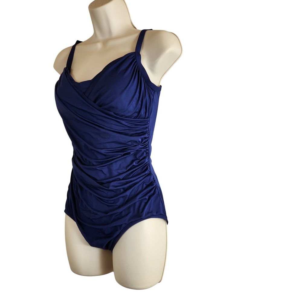 Jantzen Womens Solid Blue Ruched One Piece Swimsuit Size L - Picture 2 of 9